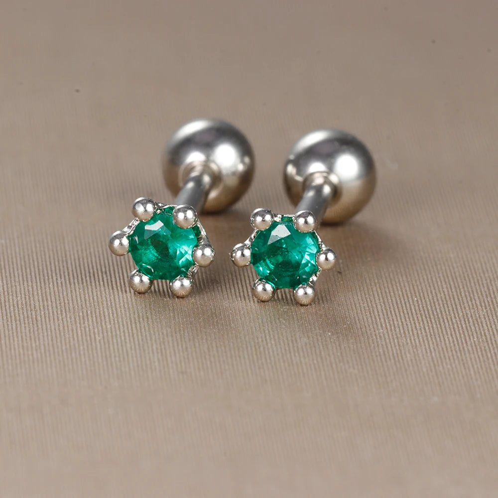 2PC Stainless Steel Little Stud Earring for Women Tiny Green Crystal Zirconia Cartilage Helix Tragus Piercing Earrings Jewelry Pi-Mart
