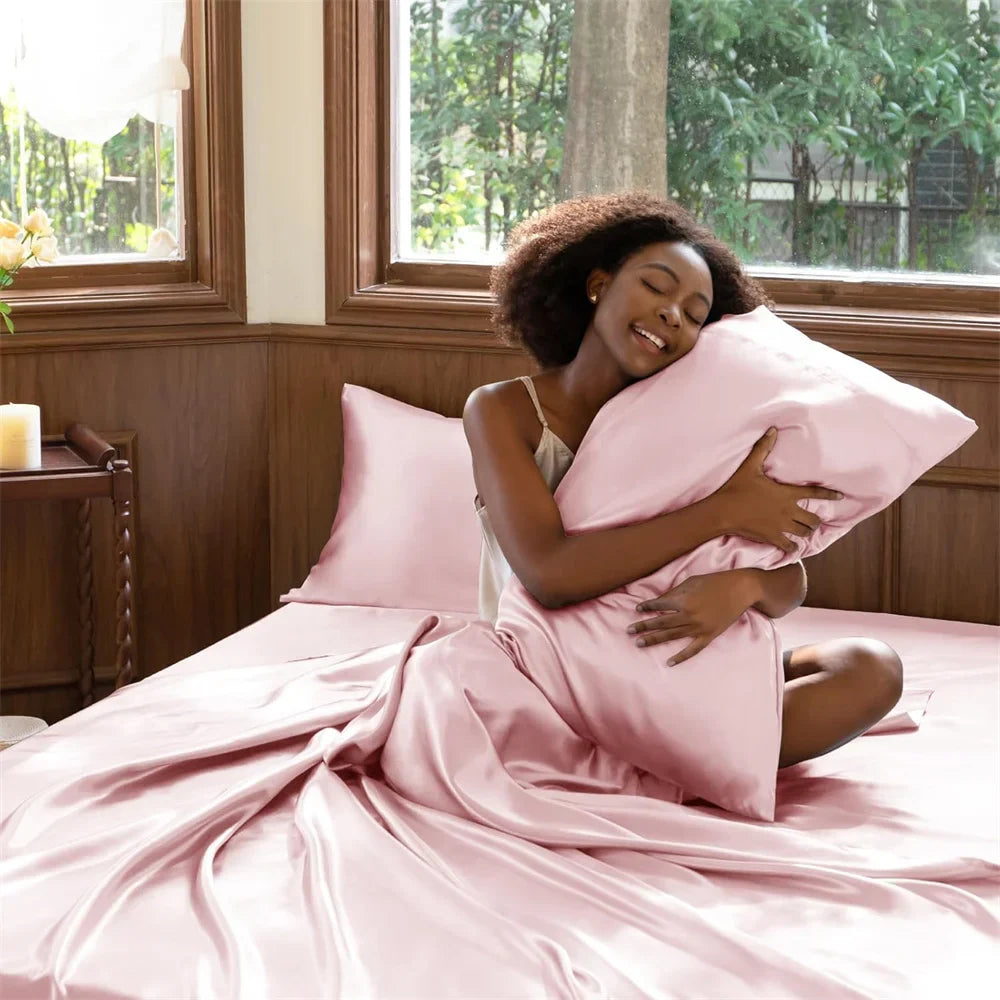 100% Mulberry Silk Bedding Set High End Silk Bed Sheets Set Luxury Smooth Duvet Cover Set Single Double Queen King Size Bedsheet LadyShow.Store
