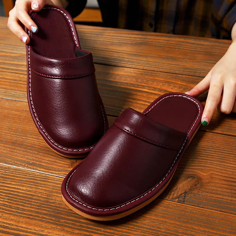 Luxury Men Leather Handmade Women Home Slippers Autumn Winter Plush Slip on Soft Black Brown Bedroom Indoor Flat Men Shoes Pi-Mart