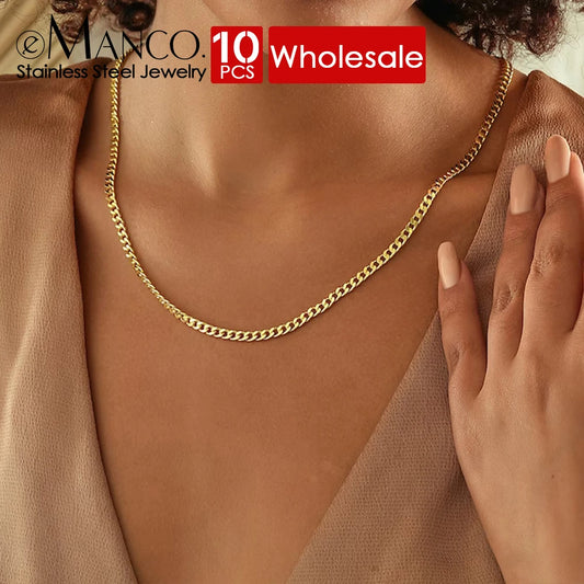 EMANCO 10PCS Men's Cuban Link Chain Necklace Stainless Steel Women Trendy Punk Jewelry 2MM/3MM/4MM/6MM/8MM Wholesale Pi-Mart