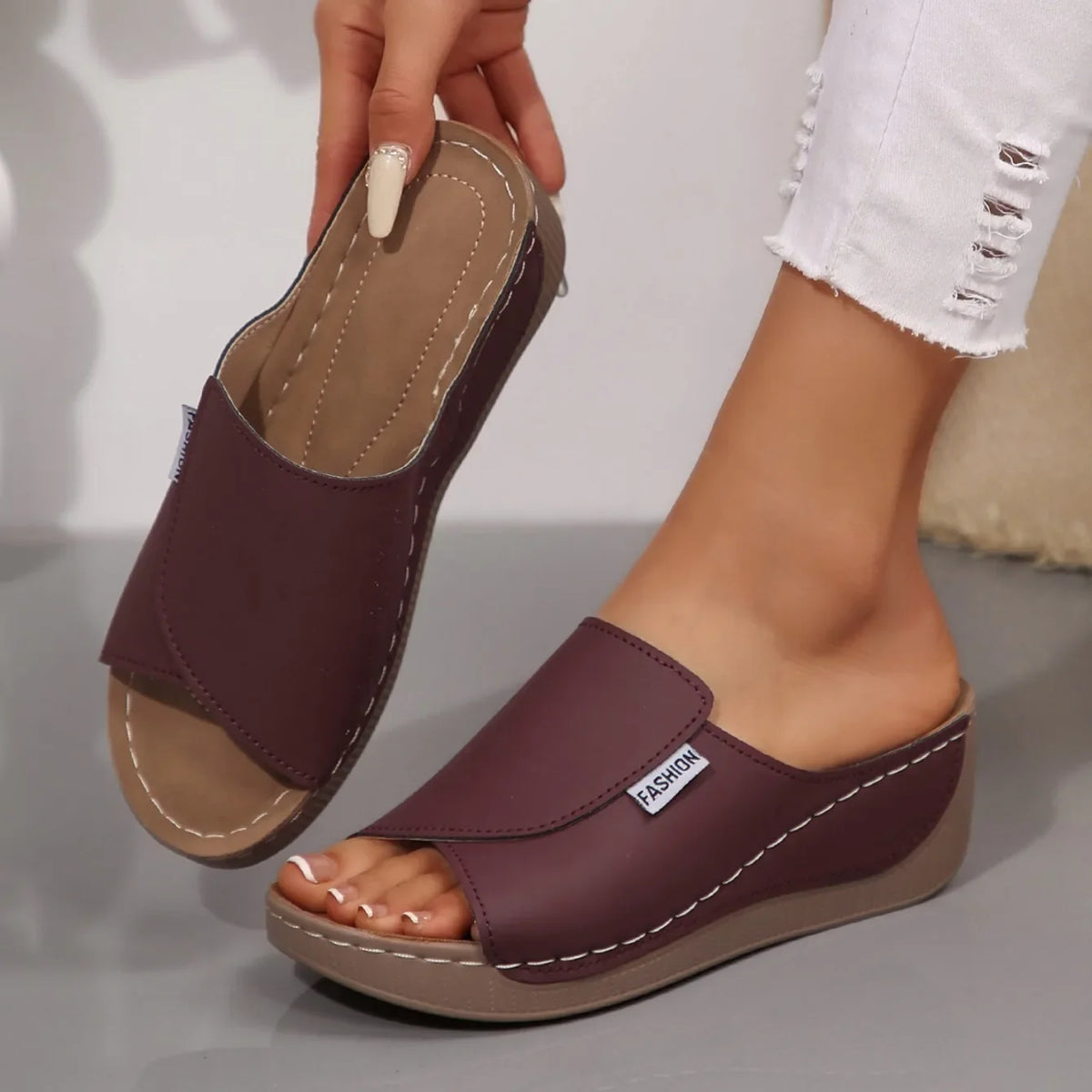 Women Wedge Slippers Summer 2025 New Fashion Slippers Open Toe Breathable Sandals Comfortable Buckle Woman Shoes Slides Women Pi-Mart