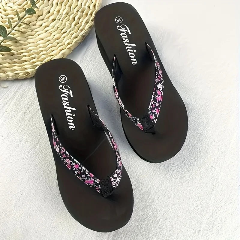 1pc Women's Flower Pattern Fashion Flip Flops Non-slip Lightweight Beach Platform Slippers Women's Footwear Breathable Open Toe Pi-Mart
