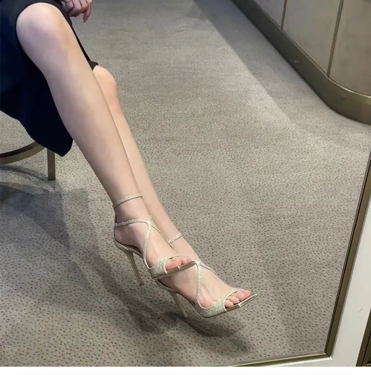 Luxury Sequined Women Gladiator Sandals Summer Designer Shoes for Women 2026 Square Head Hollow High Heels Fashion Ladies Shoes Pi-Mart