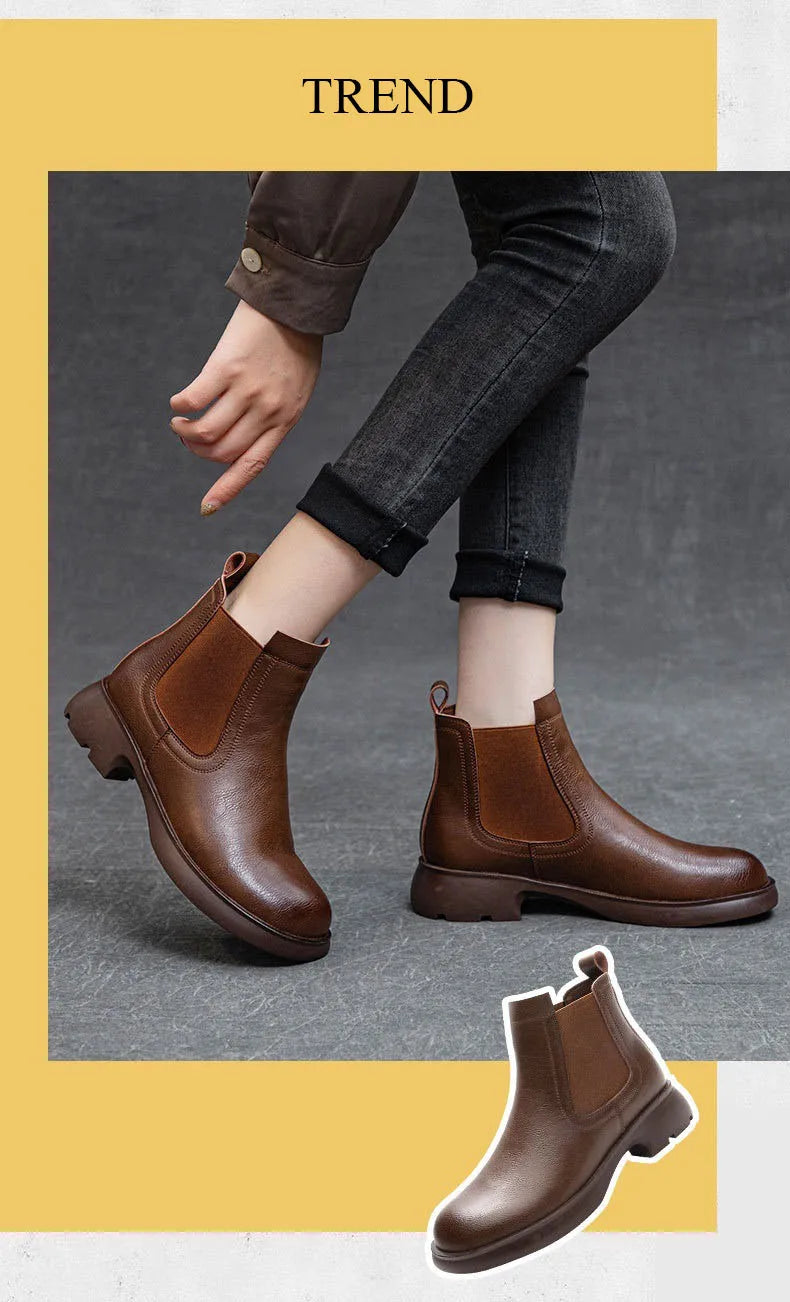 DRKANOL Fashion Women Thick Heel Ankle Boots Autumn Winter Warm Shoes Round Toe Real Cowhide British Style Slip On Chimney Boots Pi-Mart