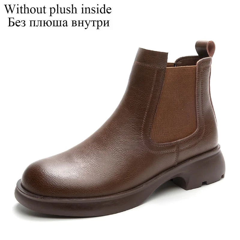 DRKANOL Fashion Women Thick Heel Ankle Boots Autumn Winter Warm Shoes Round Toe Real Cowhide British Style Slip On Chimney Boots Pi-Mart