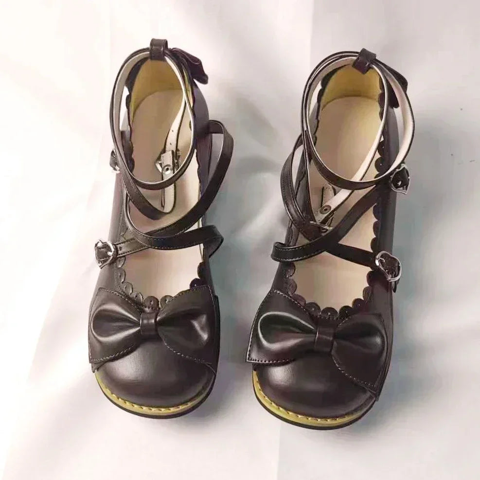 Lolita Shoes Women Flats Low Round With Cross Straps Bow Cute Girls Princess Tea Party Shoes Students Lovely Shoes Size 34-41 LadyShow.Store