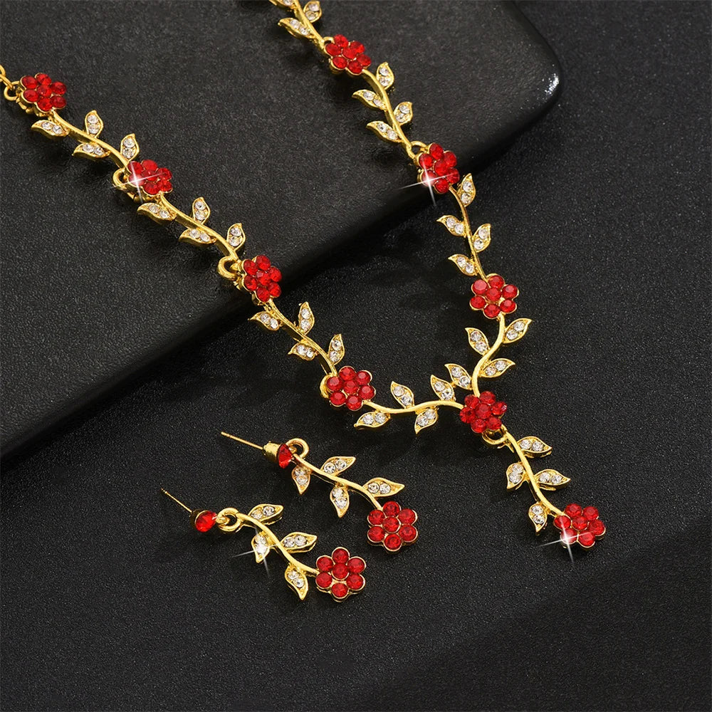 Sweet Jewelry Set Exquisite Rhinestone Pendant Banquet Party Women Fashion Romantic Crystal Necklace Earring Accessory Set Pi-Mart