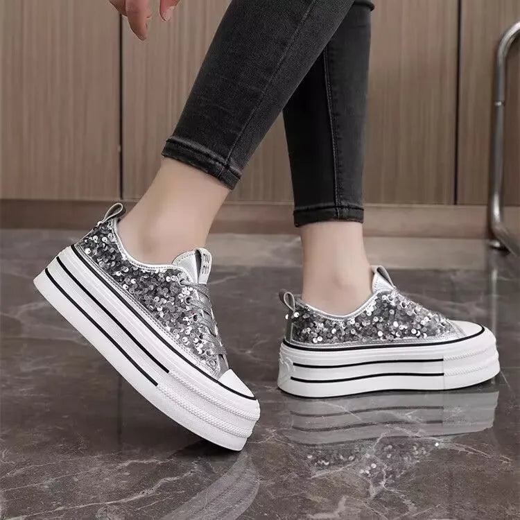 Woman Platform Sneakers Wedge Shoes Female Spring Autumn Sequins Bling Casual Shoes Ladies Thick-soled Canvas Shoes Pi-Mart