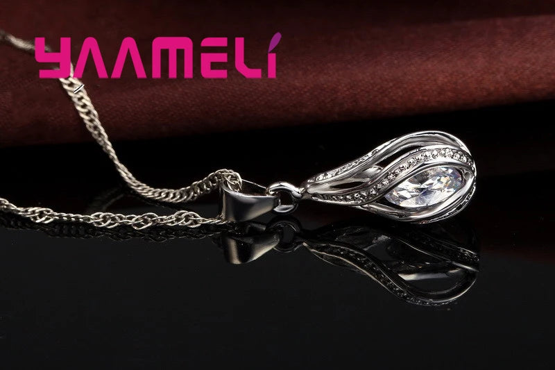Hot Water Drop CZ 925 Sterling Silver Plated Jewelry Set For Women Pendant Necklace Hoop Earrings Wedding Party Ceremoey Anel Pi-Mart