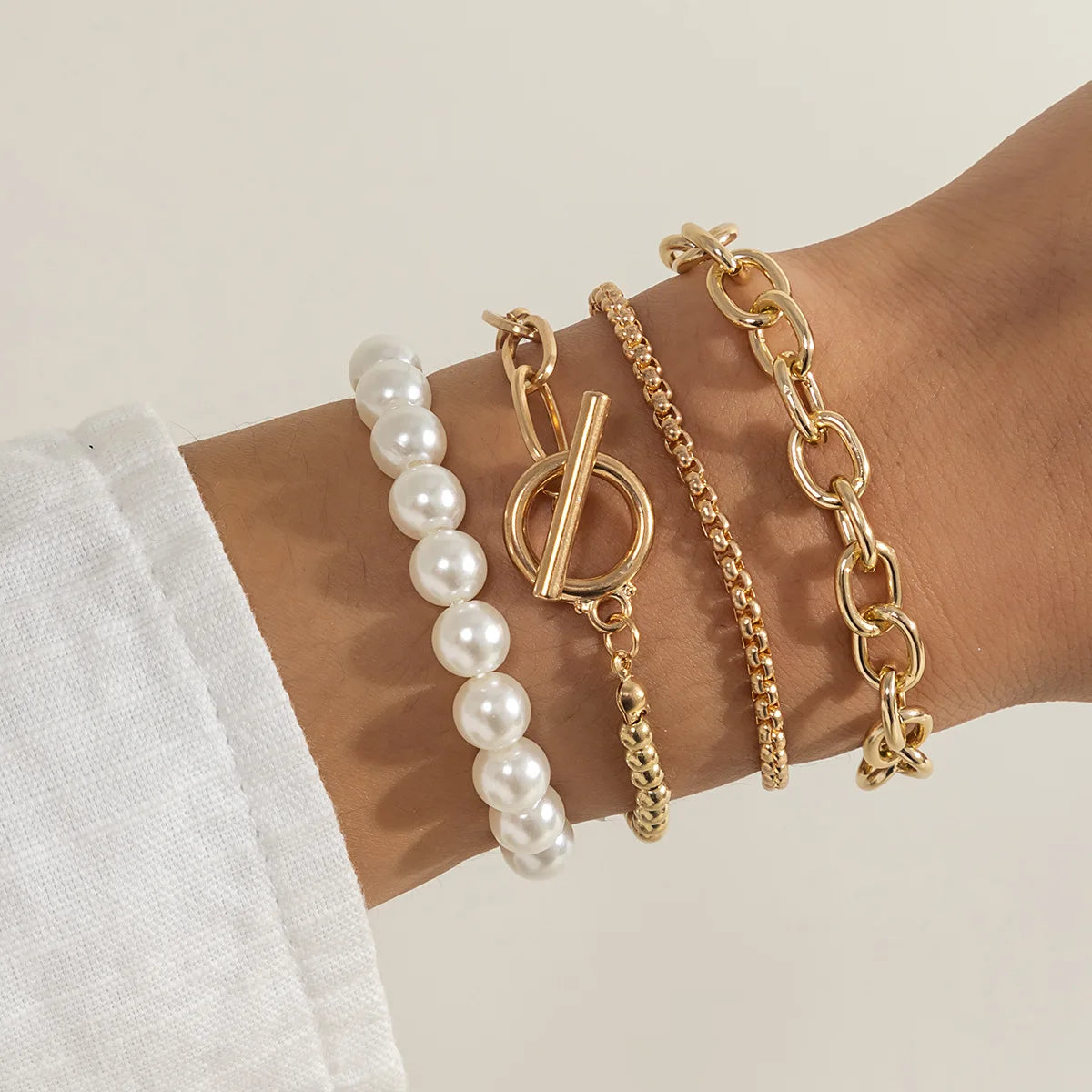 Boho Imitation Pearl Beaded Bracelet Women's Retro Fashion Creative Gold Color Beads O-Chain Bracelets Girls Birthday Jewelry Pi-Mart