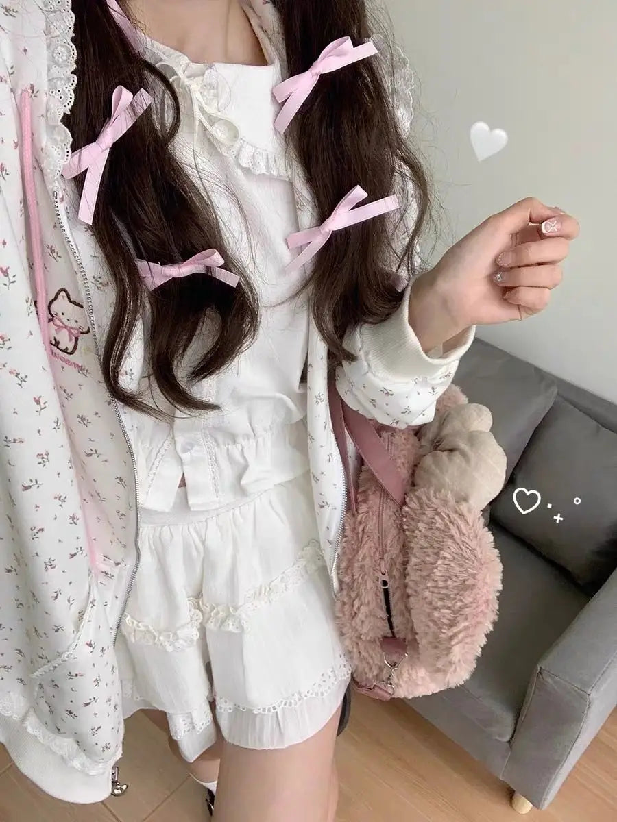 Y2k Hoodies Green Kawaii Cat Floral Print Hooded Zip-up Woman Sweatshirts Pink Thin Jacket Spring Fall Clothes Cute Streetwear LadyShow.Store