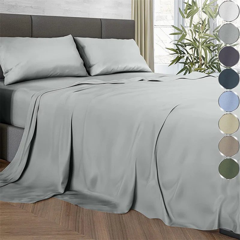 Luxury 100% Bamboo Bed Sheet Set with Fitted Sheets Flat Bedsheet Pillowcase Double Queen King Size Bedding Sets Smooth Silky LadyShow.Store