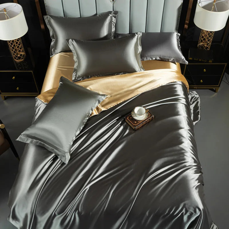 A/B Double-Sided Color Bedding Set Silky Satin Duvet Cover Bed Sheet Pillowcase Luxury Bedsheet King Queen Double Twin Size LadyShow.Store