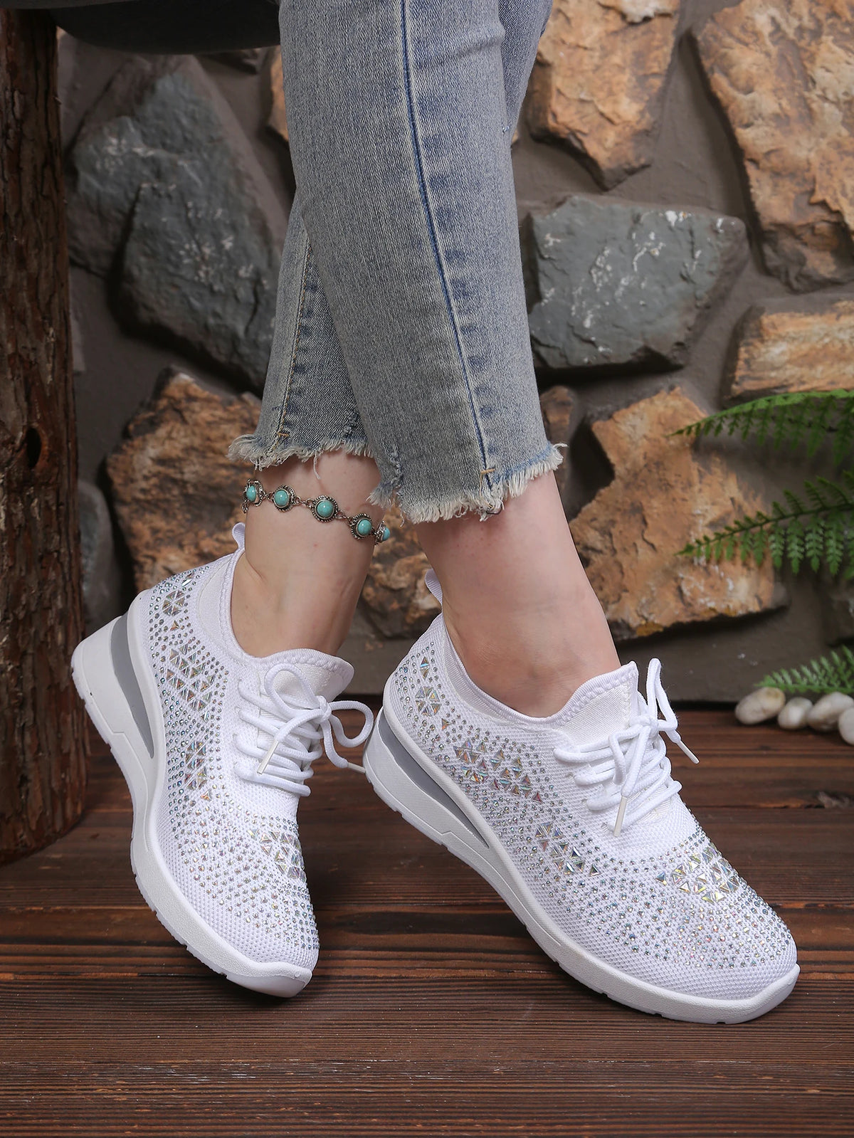 Women's Rhinestone Embellished Knit Mesh Wedge Sneakers, Adjustable Lace-Up Closure, Daily Walking Casual Footwear Pi-Mart