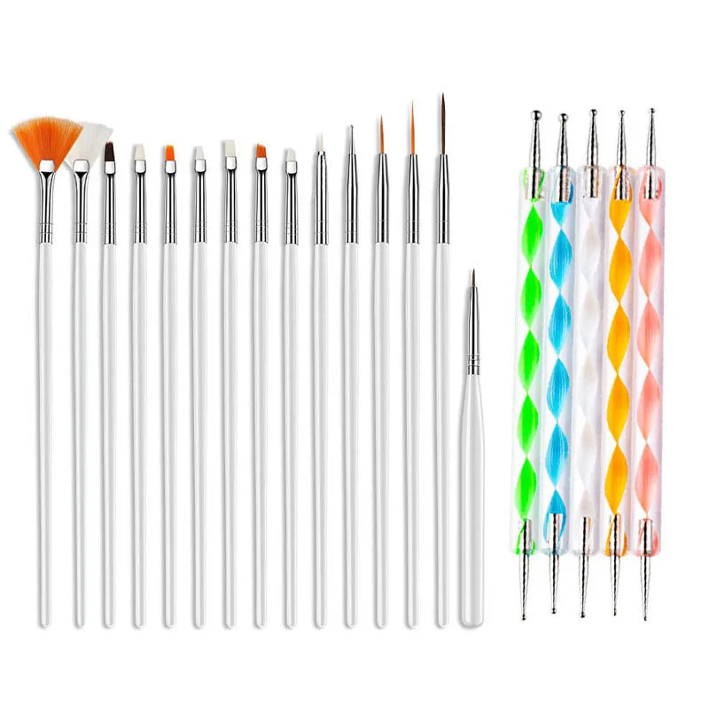 5/20Pcs Nail Art Brush Design Tip Painting Drawing Carving Dotting Pen FlatFan Liner Acrylic Gel UV Polish Manicure Tools Tri Light Beauty