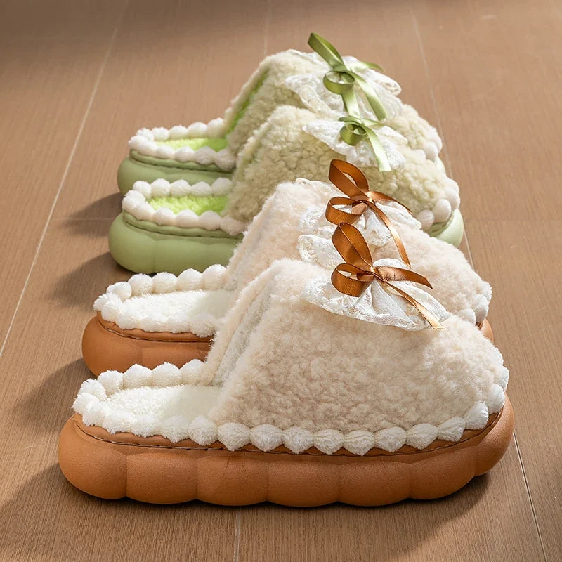 Winter Warm Fur Slippers For Women Thick-Soled Household Slippers Cute Bow Non Slip Soft Home Shoes Indoor Plush Women's Slipper LadyShow.Store