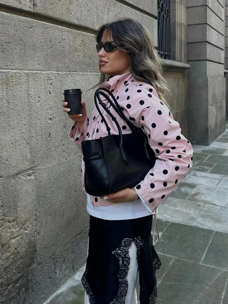 HH Women Elegant Fashion Polka Dot Pink Jacket Single Breasted High Collar Drawstring Coat Spring Lady Trend Street Outwear LadyShow.Store