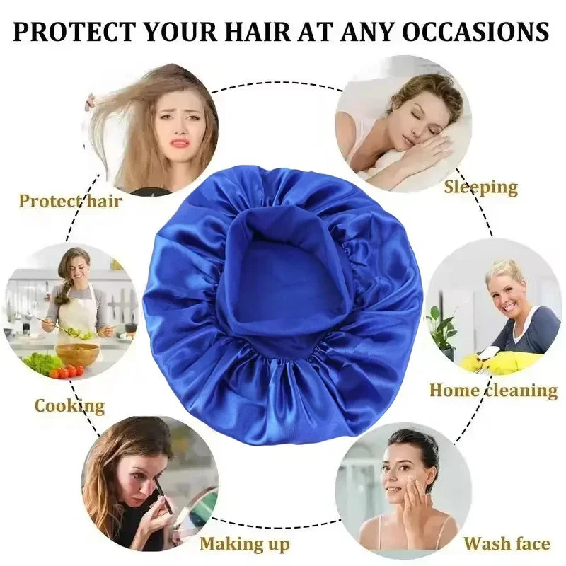 1pcs Soft Silk Satin Lined Bonnet Large Satin Hair Bonnet Household Sleep Shower Cap Hair Wrap Cover for Long Hair Salon Tool Tri Light Beauty