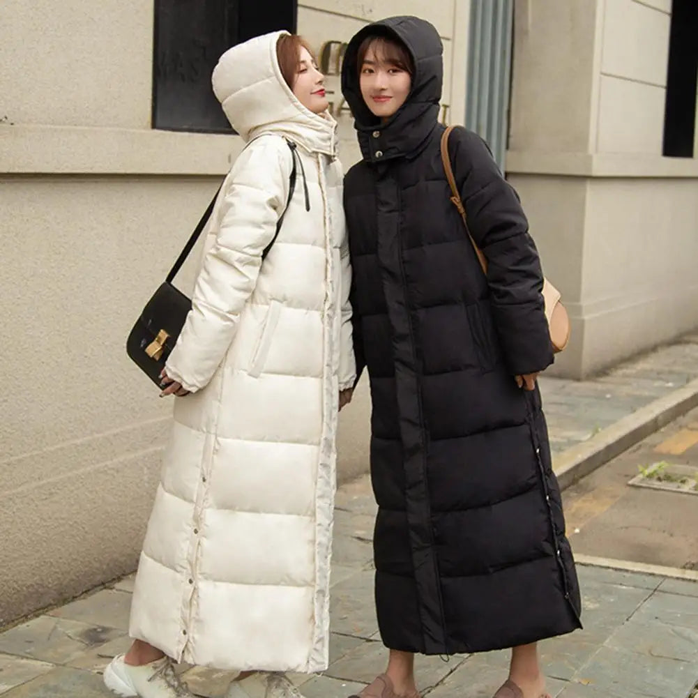 2024 Oversized Coat Hooded Long Sleeve Pockets Side Slit Hem Down Jacket Pockets Thickened Long Warm Down Cotton Outwear LadyShow.Store