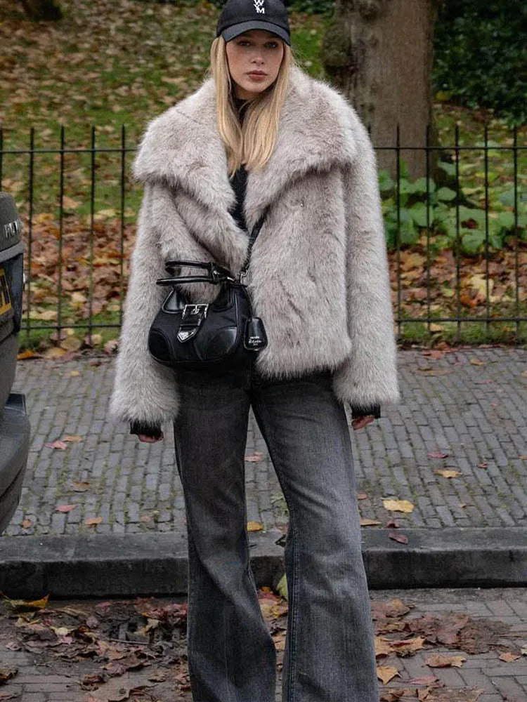 HH Women Fashion Cropped Faux Fur Jacket Coat Long Sleeve Front Snap-button Female Outerwear Chic Lapel Collar Thick Coat LadyShow.Store