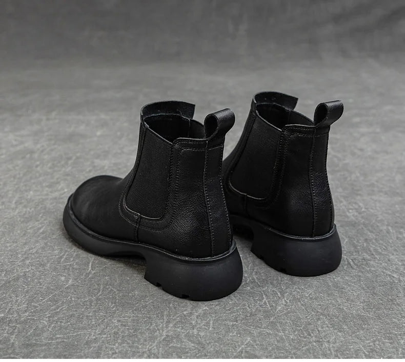 DRKANOL Fashion Women Thick Heel Ankle Boots Autumn Winter Warm Shoes Round Toe Real Cowhide British Style Slip On Chimney Boots Pi-Mart