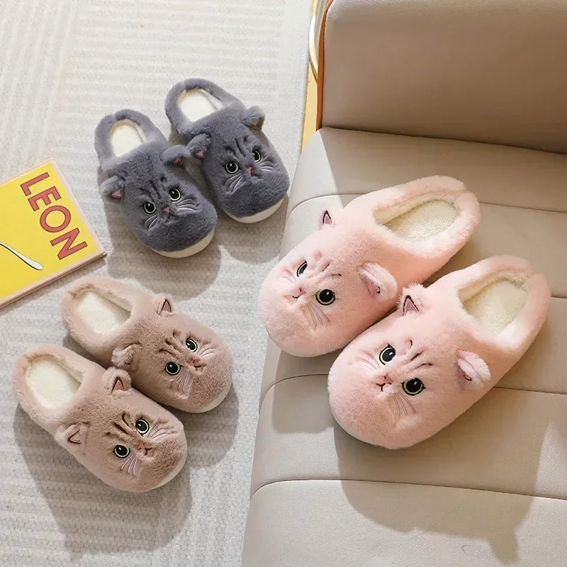 Cute Cat Slippers Fluffy Furry Women Home Platform Slippers Men Winter Plush Slides Indoor Fuzzy Slippers Lovely Cotton Shoes LadyShow.Store