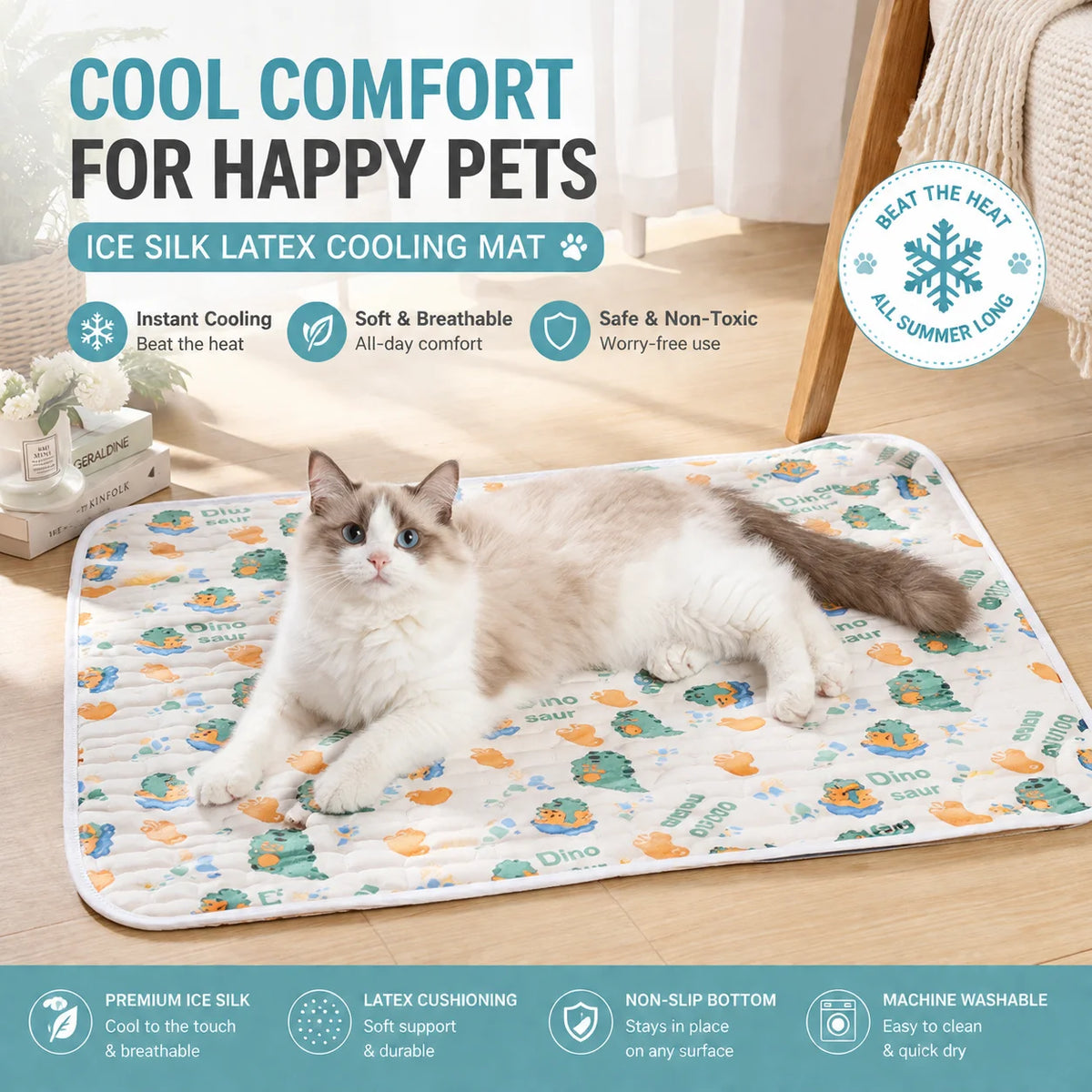 Pet Cooling Mat Ice Silk Latex Dog Cat Cooling Bed Summer Breathable Non-Slip Washable Pet Pad Cold Sleeping Beds Mats Supplies Pi-Mart