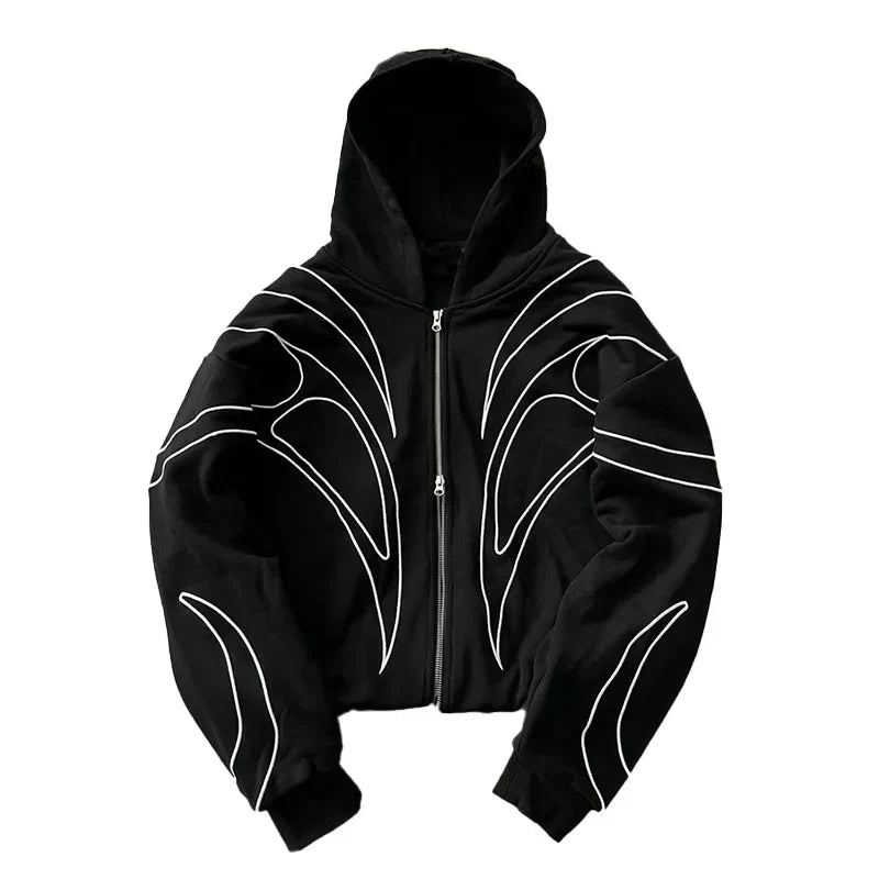 Street Retro Fashion Clothing Striped Embroidered Black Double Zipper Hoodie American Hip-hop Punk Oversized Sweatshirt women LadyShow.Store