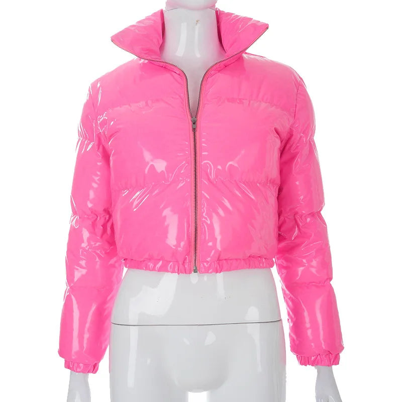 Fashion Cute Women Bright PU Pink Puffer Jacket Winter Warm Bubble Coats Shiny Leather Parkas Down Zipper Cropped Jackets Parkas LadyShow.Store