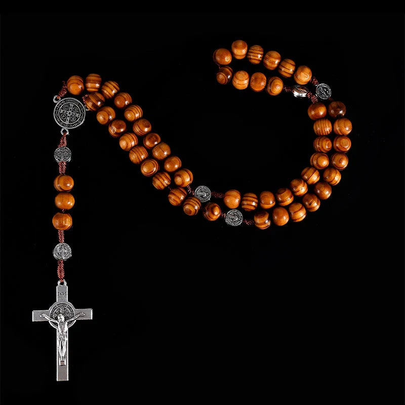 Christian 10MM Wood Beads Rosary Cross Necklace For Women Virgin Mary INRI Pendant Long Chain Men Religion Jewelry Pi-Mart