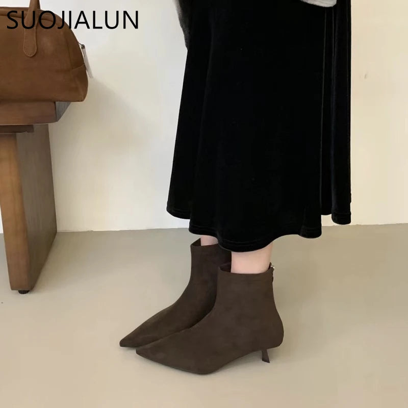 SUOJIALUN 2024 Winter New Brand Women Short Boots Fashion Pointed Toe Ladies Elegant Ankle Boots Thin High Heel Dress Pumps Shoe Pi-Mart