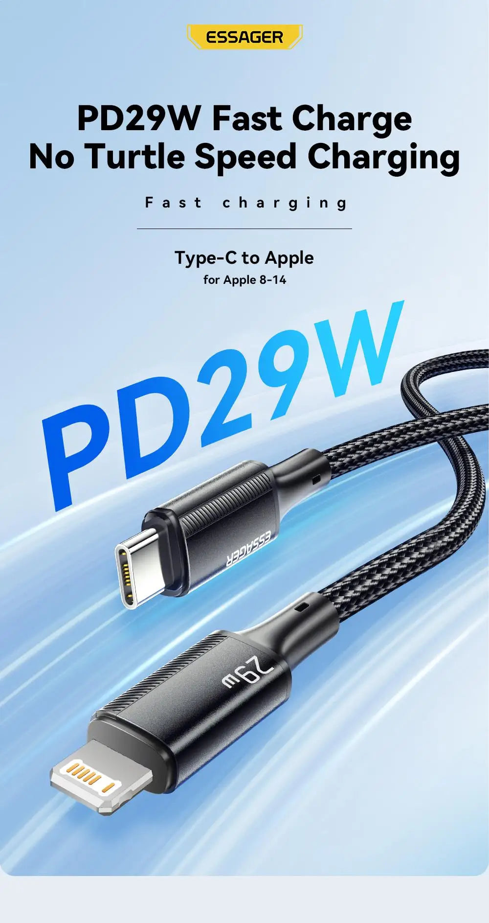 Essager USB C Cable For iPhone 14 13 12 11 Pro Max Xs Plus 29W Fast Charging Cable Type C To Lighting Date Wire For iPad Macboo Pi-Mart