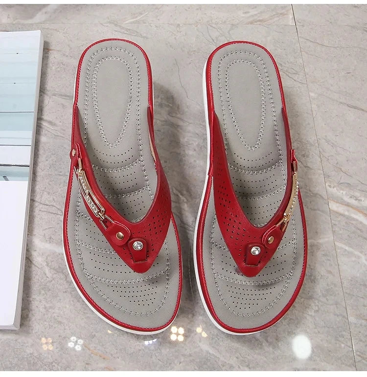 2023 Women's Slippers Summer New Fashion Metal Button Slides Shoes Wedge Beach Sandals Women Outside Platform Leisure Flip Flops Pi-Mart