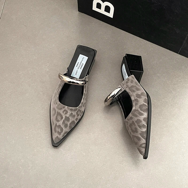 Summer Women Cover Toe Mules Slippers Fashion Metal Decoration Thick Heel Slide Shoes Comfort Street Style Footwear LadyShow.Store