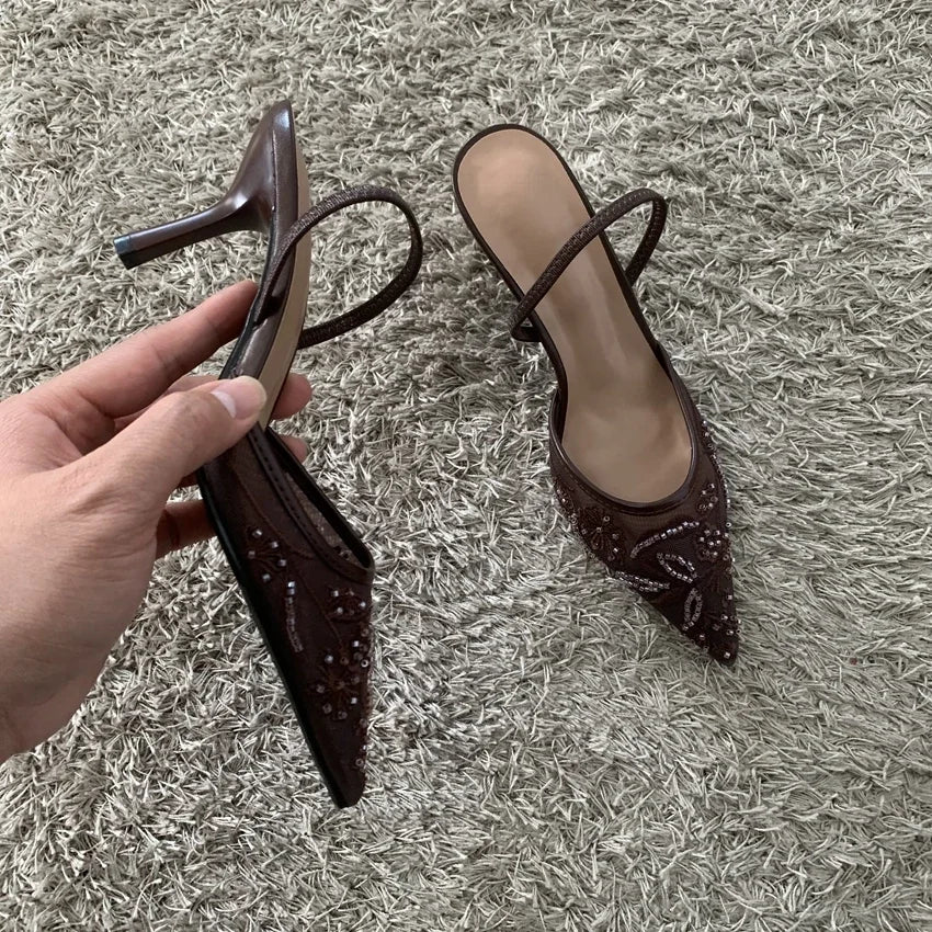 2026 String Bead Mesh Embroider Slingback High Heels Women Sexy Pointed Toe Heeled Sandals Summer Elegant Luxury Designer Shoes LadyShow.Store