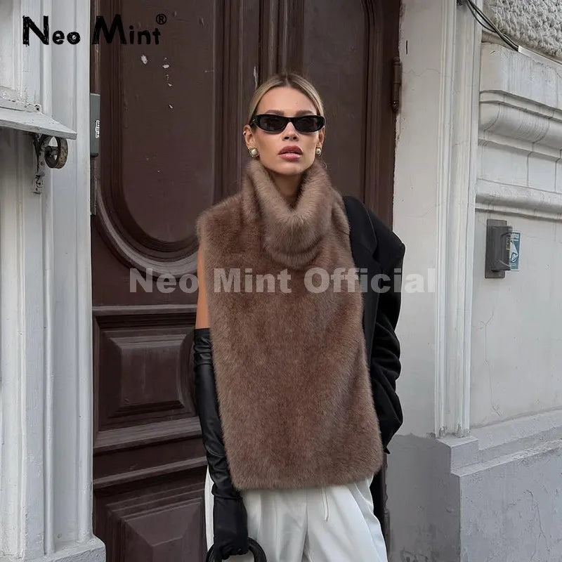 Neo Mint 2025 Brand Fashion Faux Fur Sable Vest Crop Top Autumn Winter Turtleneck Eco Mink Fur Tank Tops Sleeveless Jacket Coat LadyShow.Store