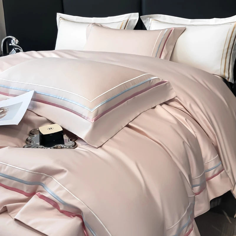 Hotel Style Bedding Set Luxury Golden Embroidery Duvet Cover Grey Egyptian Cotton Bed Sheets Pillowcases Solid Color Bedclothes Pi-Mart