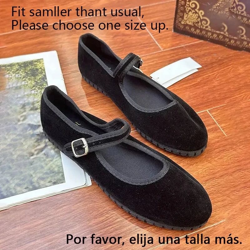 Velvet Mary Jane Shoes for Women Hand Stitch Casual Streetwear Ballet Flats Pumps Female Solid Color Red Cloth Shoes Loafers LadyShow.Store