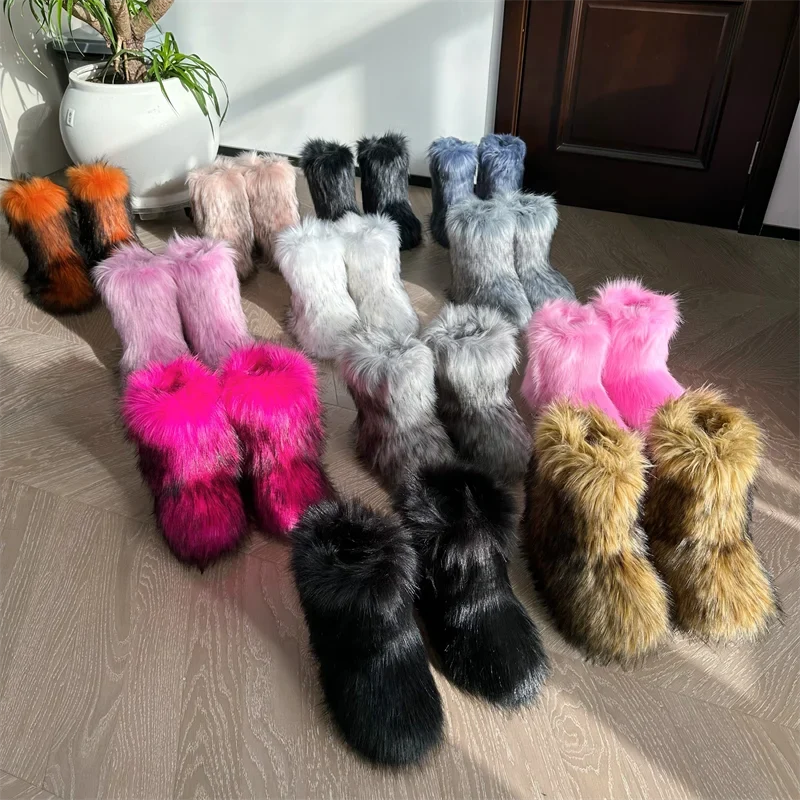 New Winter Fur Onepiece Raccoon Fur Female Snow Boots Fur Shoes Outdoor Mid Leg Boots LadyShow.Store