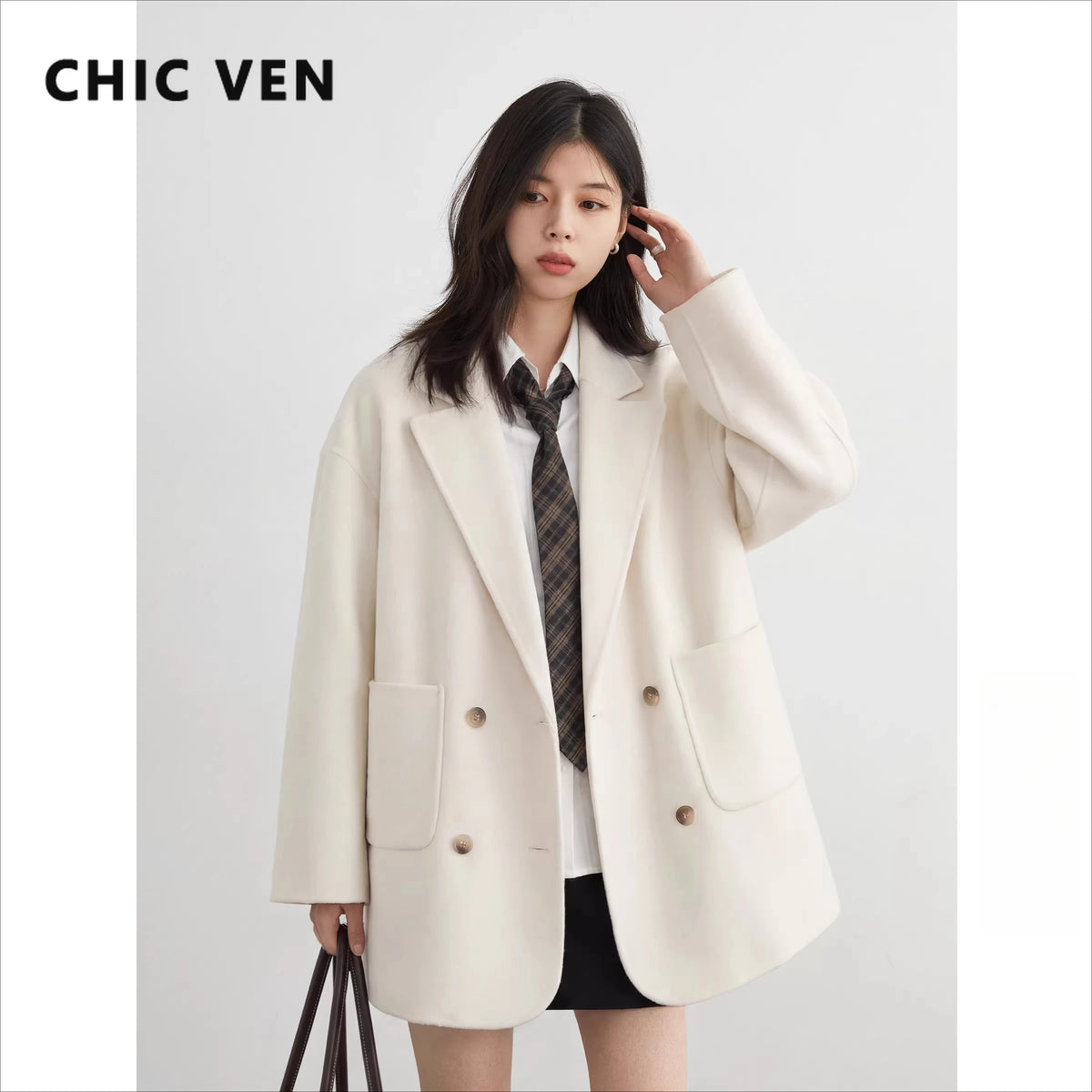 CHIC VEN New Women Woolen Coat Loose Solid Mid-length Double-sided Oversized Office Ladies Jackets Outerwear Autumn Winter 2026 Pi-Mart