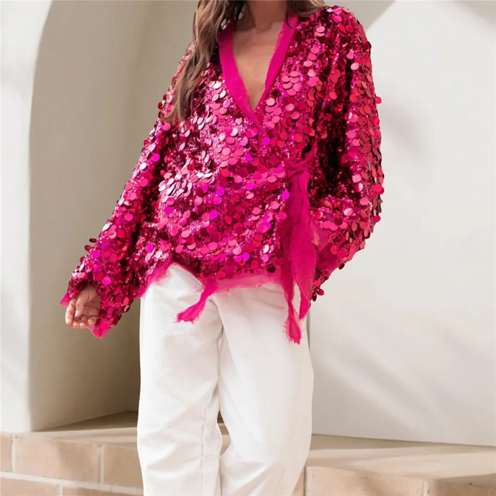 Shiny Sequin Cardigan for Women Trendy V Neck Front Wrap Tie Long Sleeve Coat Ladies Fashionable Sparkling Pullover Tops Punk LadyShow.Store