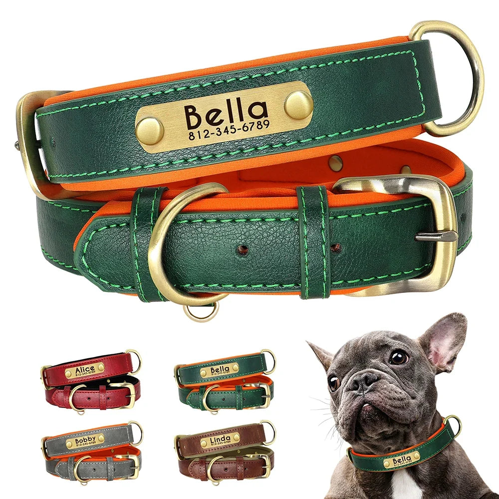 Customized PU Leather Nameplate Dog Collar Soft Padded Dogs Collars Free Engraving Name for Small Medium Large Dogs Adjustable LadyShow.Store