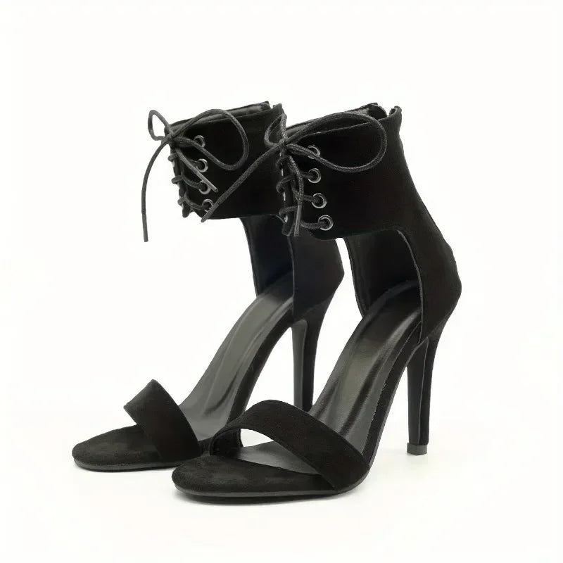 Black Gladiator Sandals For Women 2024 Summer Sexy Open Toe Belt Buckle Cover Heeled Thin High Heels Shoes Club Party Pumps LadyShow.Store