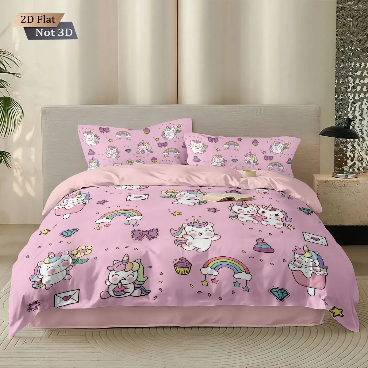 3pcs Cartoon Cute Unicorn Printed Coreless Down Duvet Cover Set, Multi Size Bedroom Bedding Decoration, Machine Washable Pi-Mart