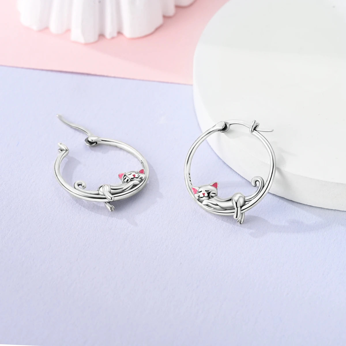 925 Sterling Silver Cute Lazy Cat Animal Pet Earrings Jewelry Hoop Earrings For Women Jewelry Birthday Party Fine Gifts Pi-Mart