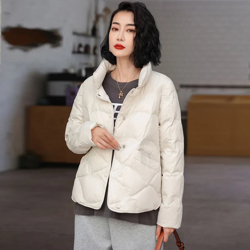 Women's Winter Short Down Jacket Stand Collar Plaid Solid White Duck Down Coat Lady Puffer Jackets  max mara пуховик JK-229 LadyShow.Store