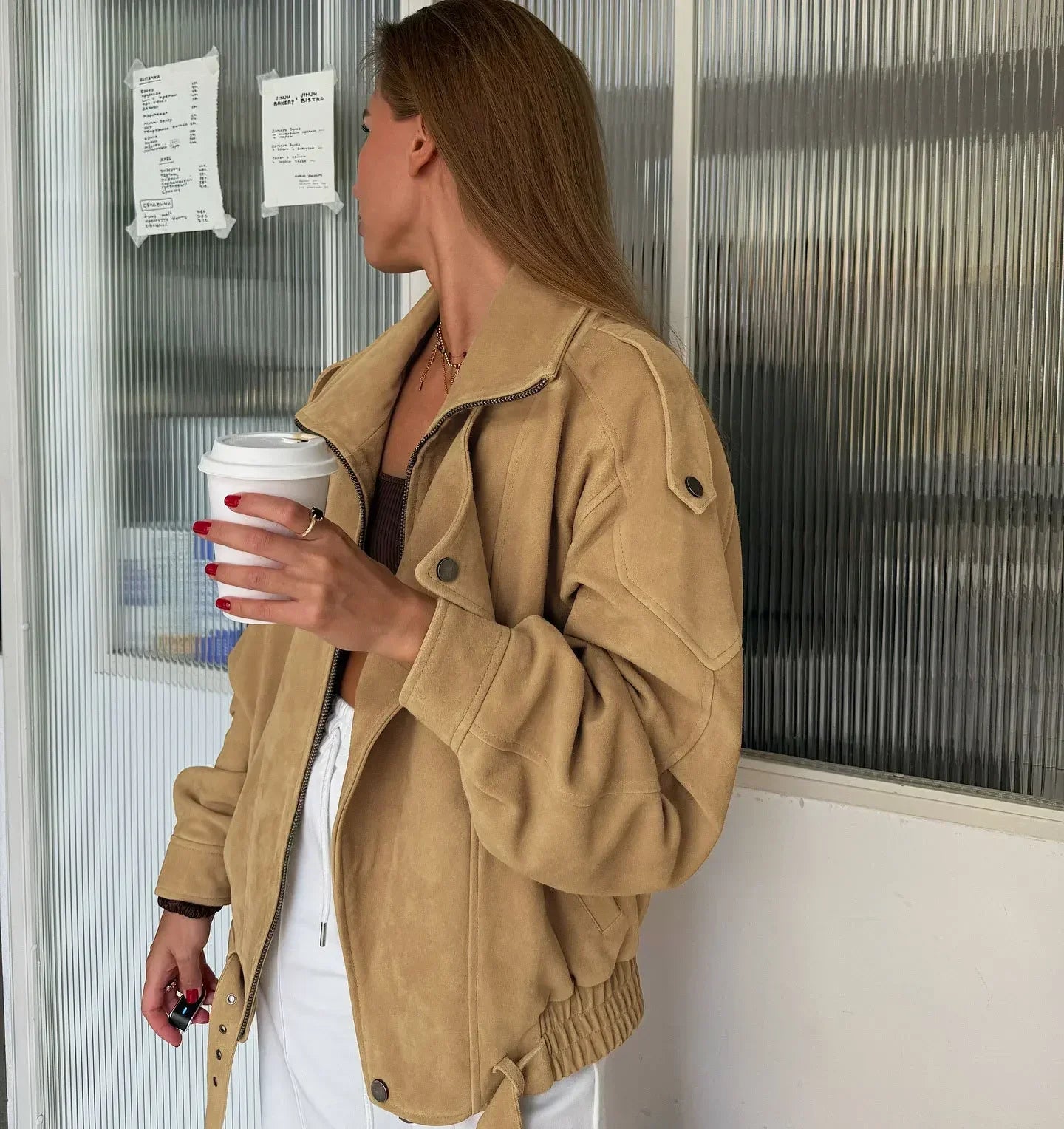 Khaki Lapel Short Suede Jacket Women Casual Stand Collar Full Sleeve Zipper Pocket Loose Jackets 2026 Lady Commute Street Coats LadyShow.Store
