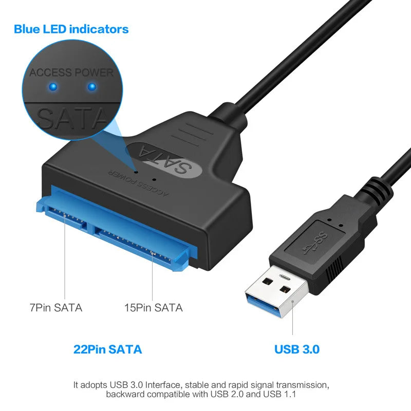 SATA to USB 3.0 / 2.0 Cable Up to 6 Gbps for 2.5 Inch External HDD SSD Hard Drive SATA 3 22 Pin Adapter USB 3.0 to Sata III Cord Pi-Mart