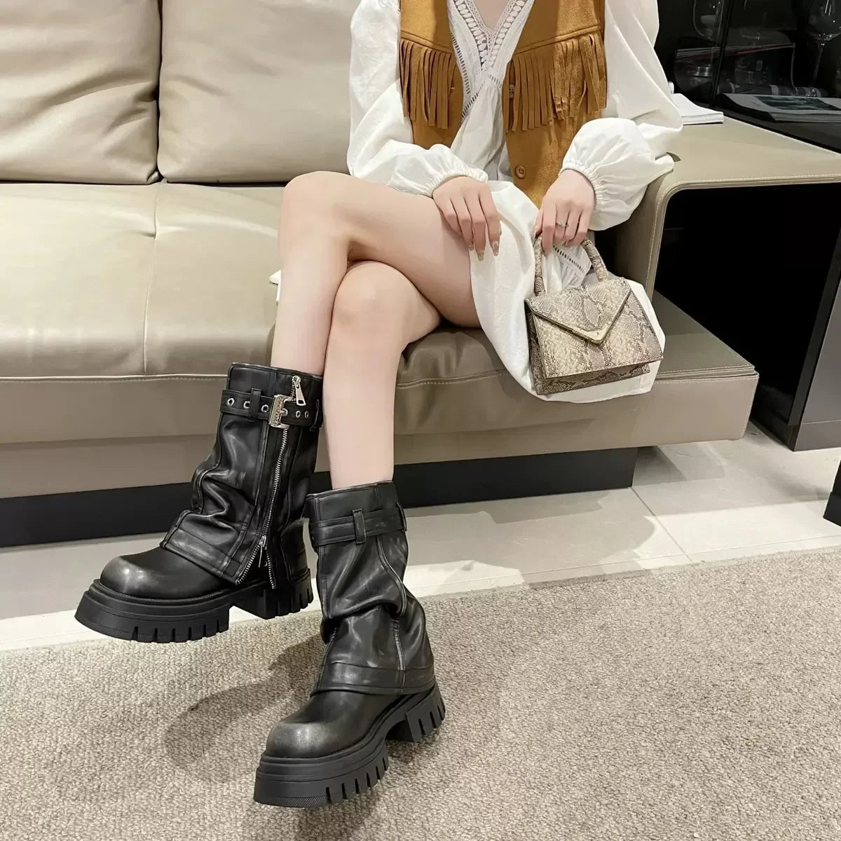 2025 Winter Women Biker Boots Fashion Belt Buckle Ladies Elegant Platform Long Pipe Booties Casual Women's Knee High Booties LadyShow.Store