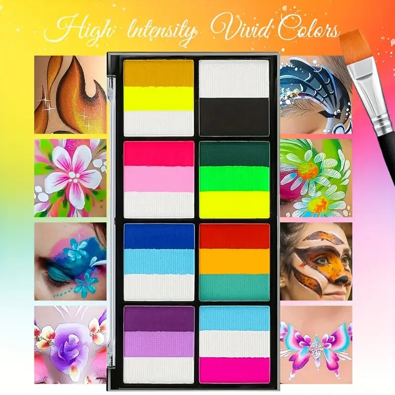 Palette Rainbow Stripe Paint Set with Brushes, Water Based Dual-Tone Face and Body Paint Palette, Christmas Halloween  Cosplay Tri Light Beauty